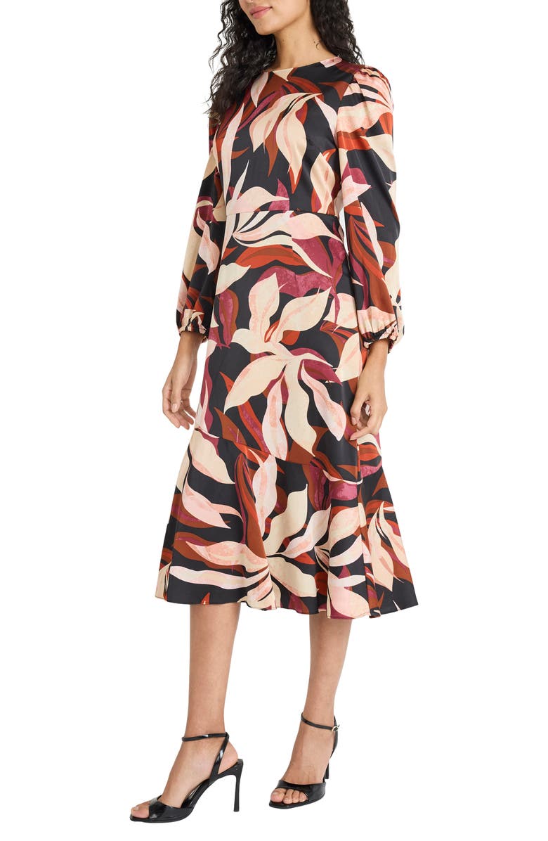 Maggy London Floral Long Sleeve Flounce Hem Midi Dress, Alternate, color,