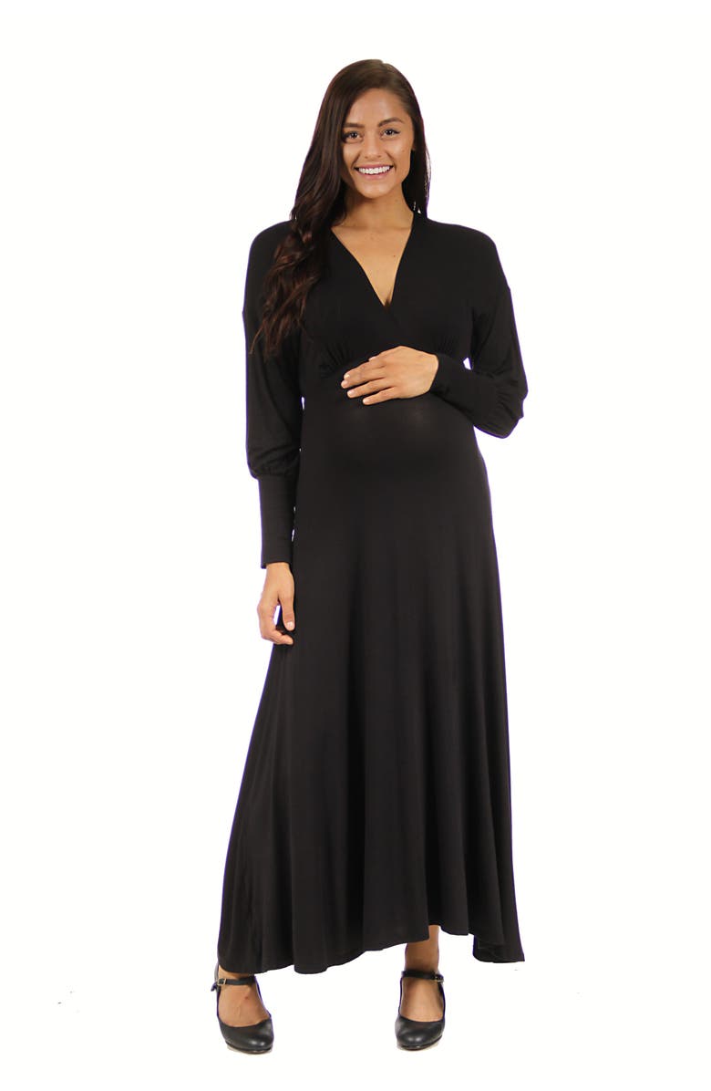 24seven Comfort Apparel V-neck Long Sleeve Maternity Maxi Dress, Main, color, Black