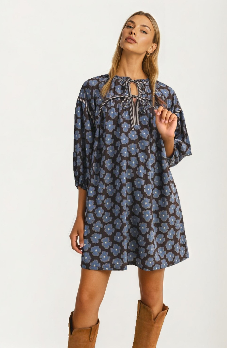 Knit and Lounge Floral Tie Neck Mini Dress With Long Sleeves, Alternate, color, Blue Floral