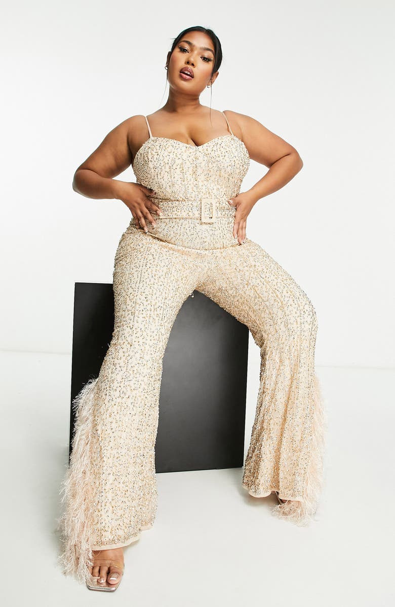 ASOS DESIGN LUXE Curve Sequin Faux Feather Belted Jumpsuit, Alternate, color, 