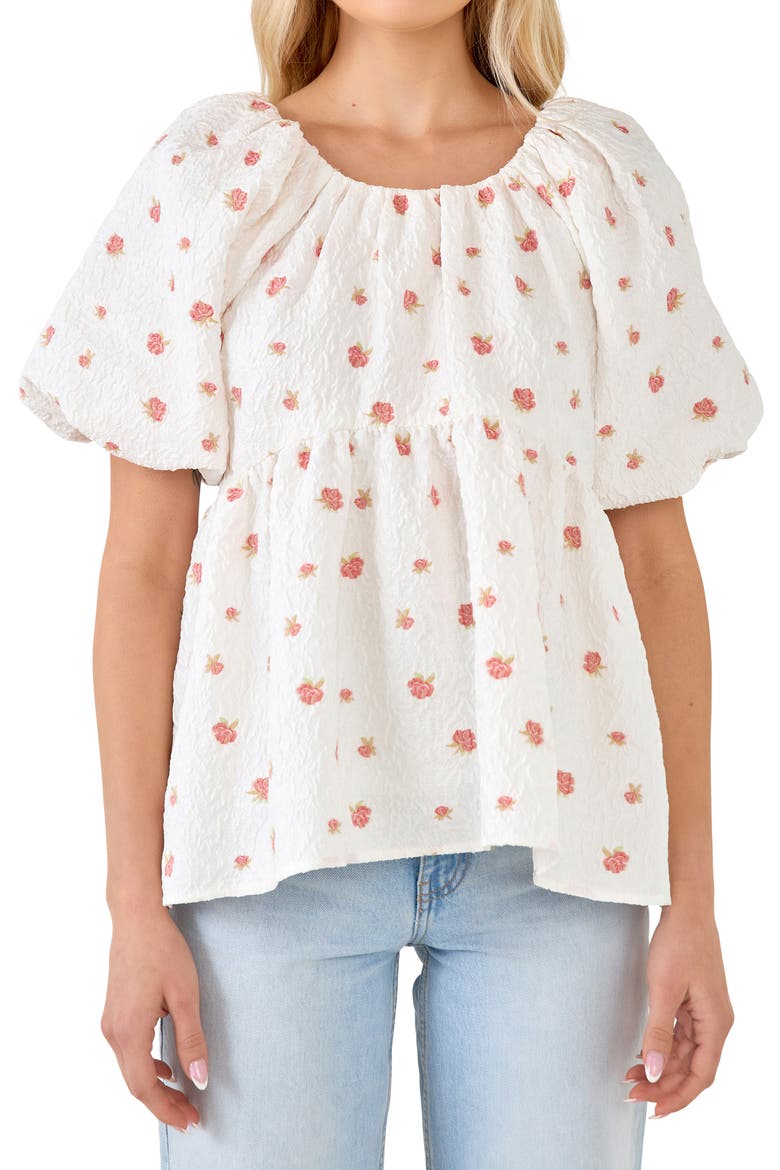 English Factory Floral Jacquard Puff Sleeve Babydoll Top, Main, color, WHITE