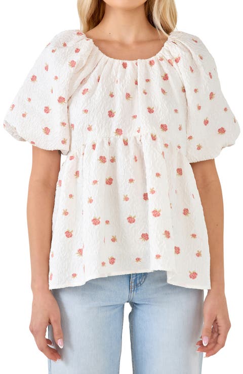 English Factory Floral Jacquard Puff Sleeve Babydoll Top