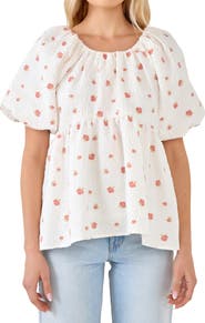 Endless Rose English Factory Floral Jacquard Puff Sleeve Babydoll Top