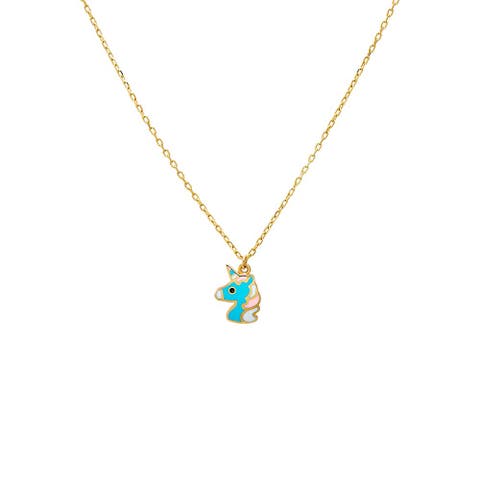 Kids Blue Unicorn Necklace 14K