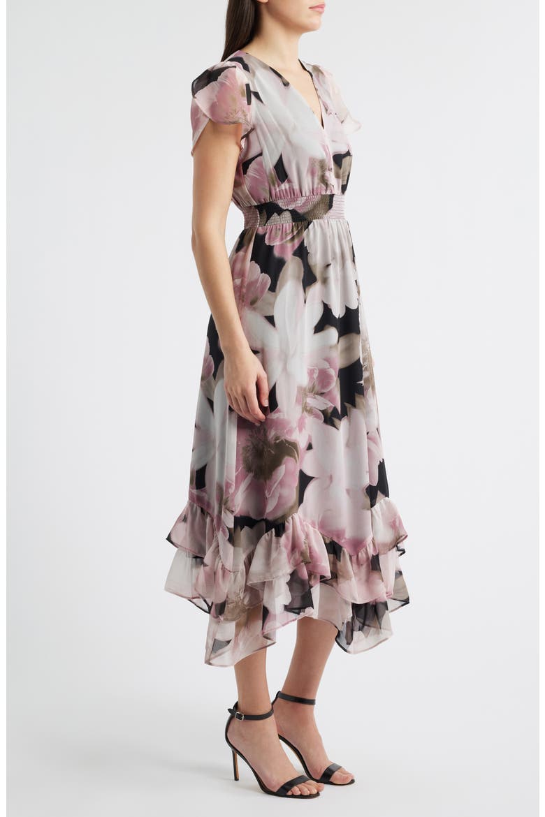 Print Ruffle Midi Dress, Alternate, color, ANNE BLACK/ GREY MULTI