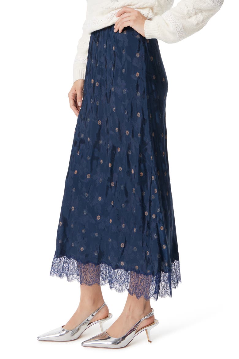 Gracie Lace Trim Satin Midi Skirt, Alternate, color, NAVY SCRIBBLE DOT