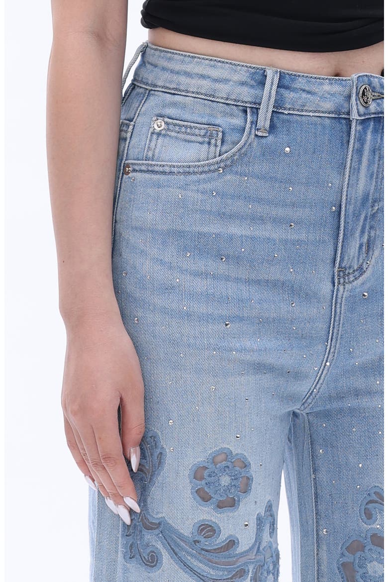 Rhinestone Floral Embroidered High Waist Wide Leg Jeans, Alternate, color, LIGHT BLUE
