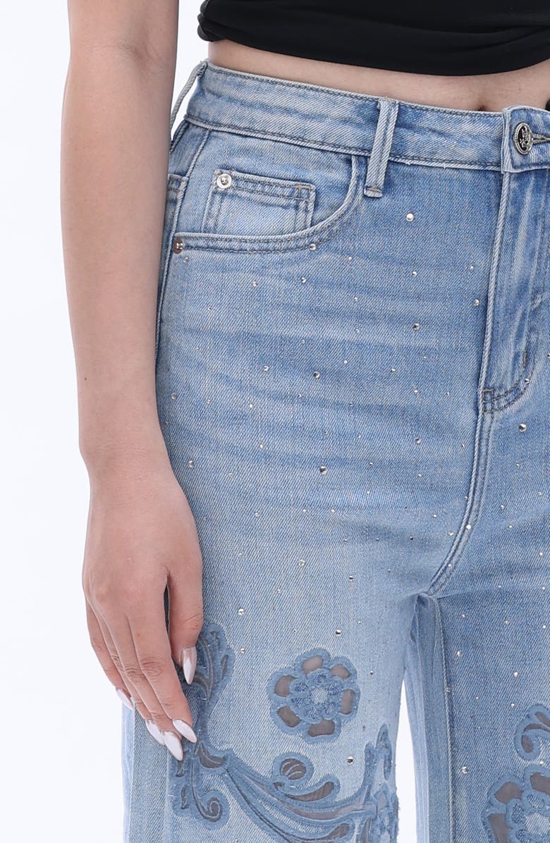 Bayeas Rhinestone Floral Embroidered High Waist Wide Leg Jeans, Alternate, color, Light Blue