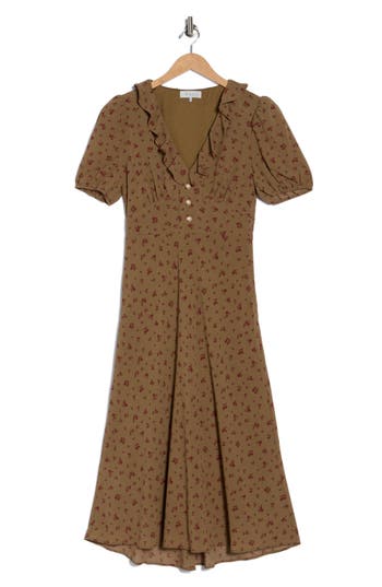 Wayf Ruffle Neck Midi Dress In Brown