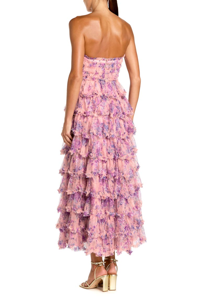 Printed Mesh Strapless Ruffle A Line Midi Dress, Alternate, color, Orchid Multi