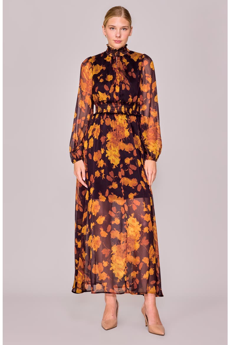 Floral Long Sleeve Chiffon Dress, Alternate, color, BURNT ORANGE FLORAL