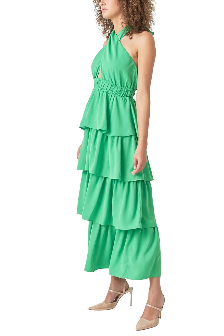 Halter Neck Tiered Maxi Dress, Alternate, color, KELLY GREEN