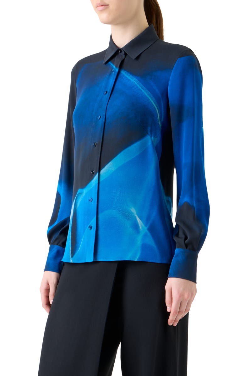 Akris Cyanotype Print Silk Crepe Button-Up Shirt, Alternate, color, Navy-Royal