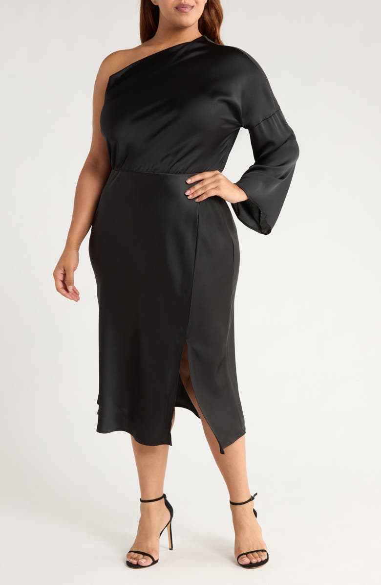 Renee C One-Shoulder Satin Midi Dress, Main, color, Black