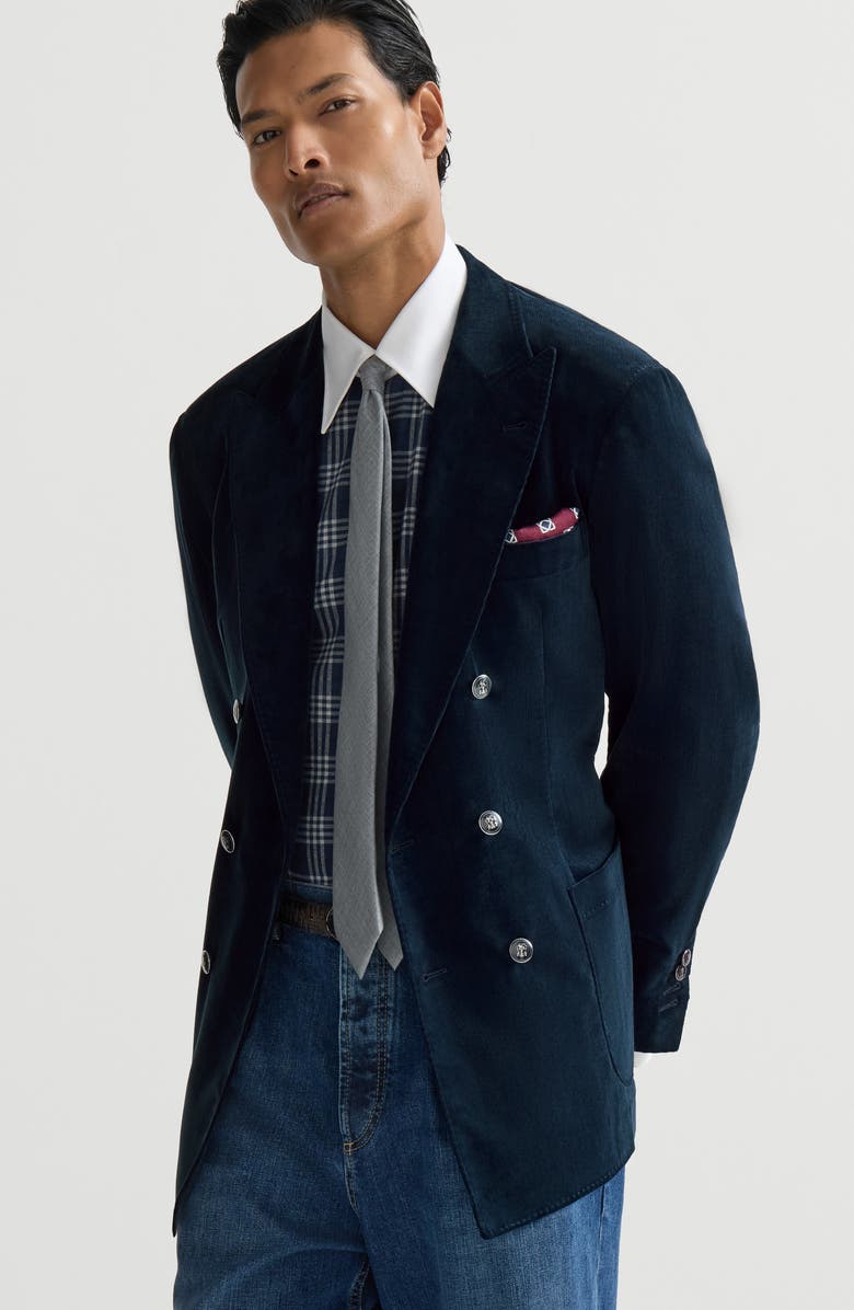 Brunello Cucinelli Sea Island cotton narrow wale corduroy one-and-a-half breasted deconstructed blazer with patch pockets, Alternate, color, Blue