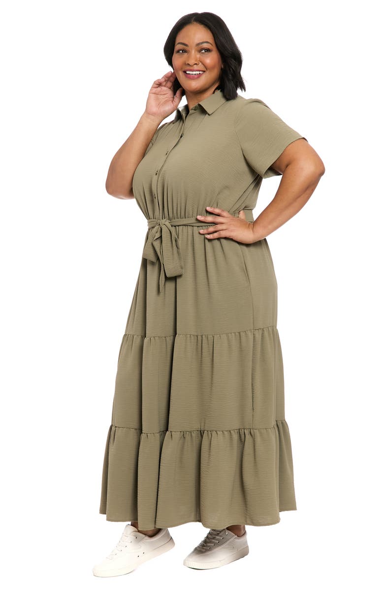 London Times Tiered Tie Waist Shirtdress, Alternate, color, Olive