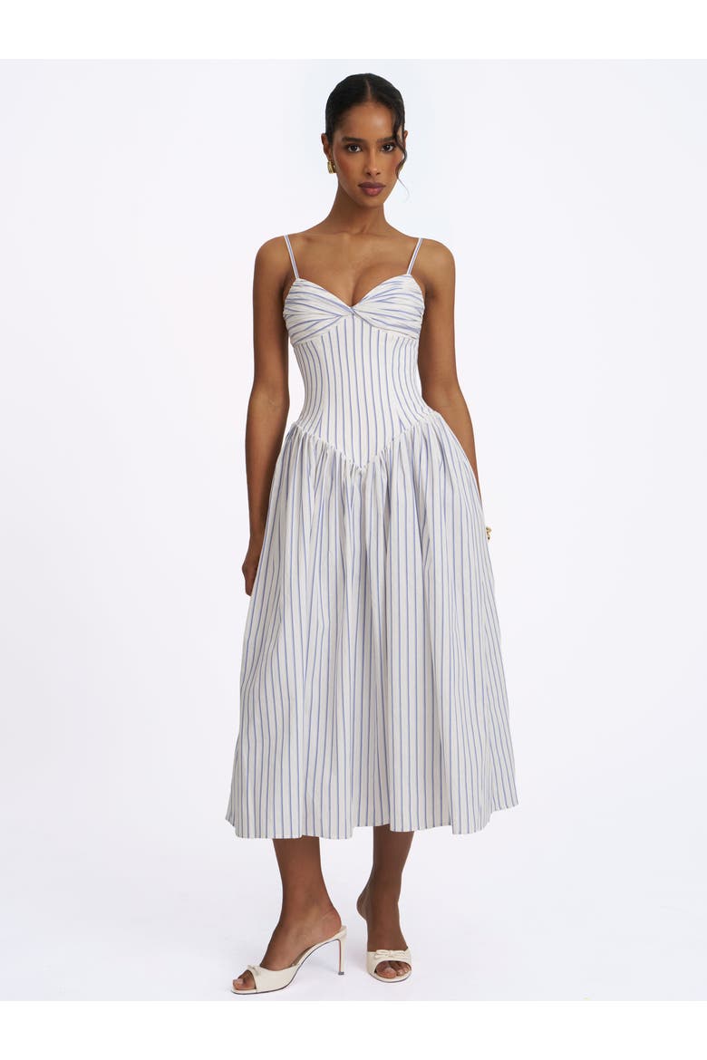 Olea Striped Cotton Poplin Ruched Midi Dress, Alternate, color, Sky Blue