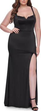 La Femme Stretch Satin Plus Size Dress with Unique Neckline and Slit