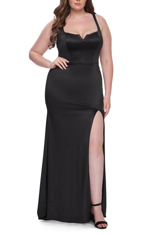 La Femme Stretch Satin Plus Size Dress With Unique Neckline And Slit