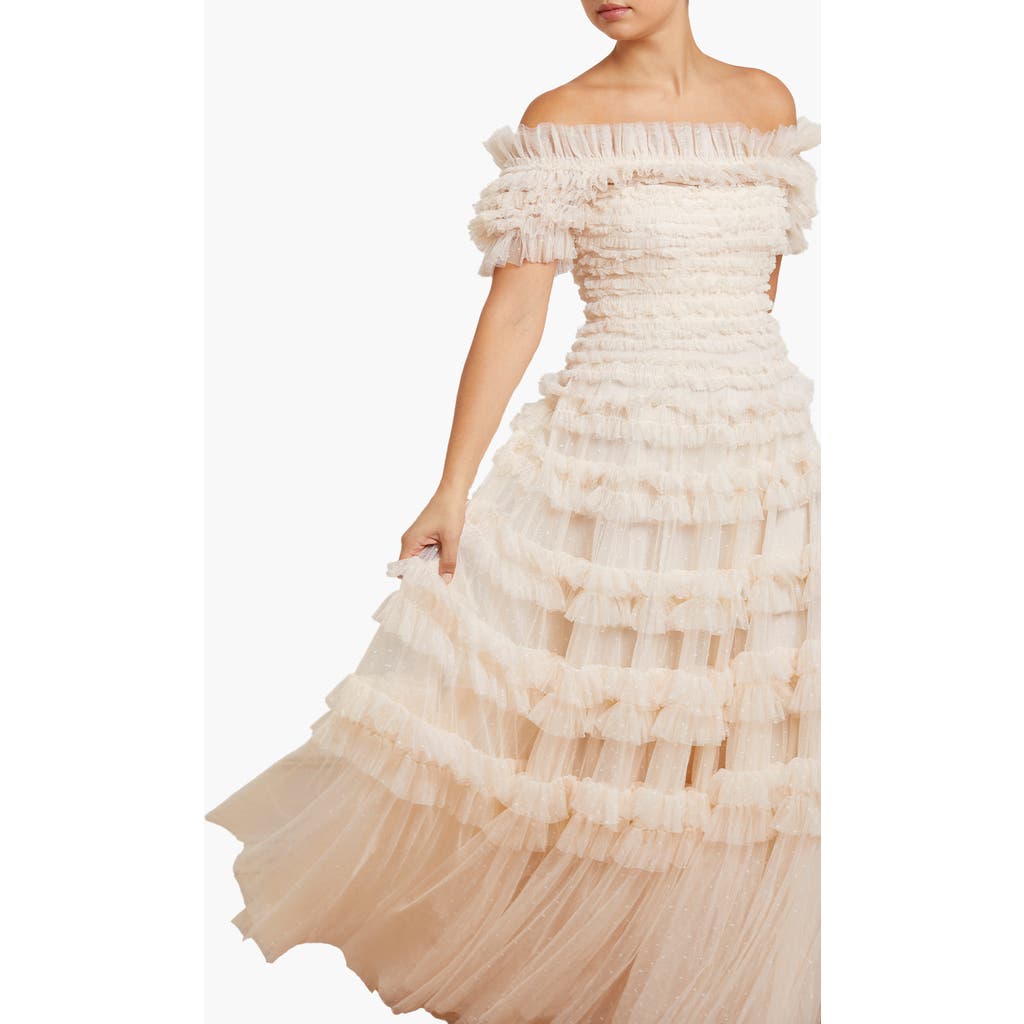 Needle & Thread Lisette Ruffle Off Shoulder Gown In Gold