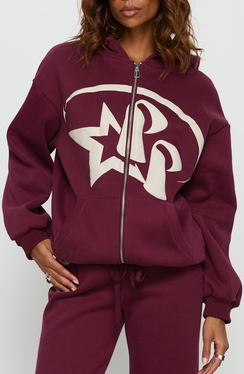 Princess Polly Stargirl Front Zip Hoodie, Main, color, Burgundy