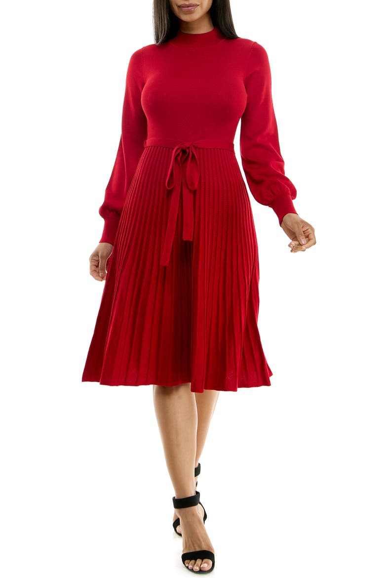 Tie Waist Fit & Flare Sweater Dress, Main, color, RED