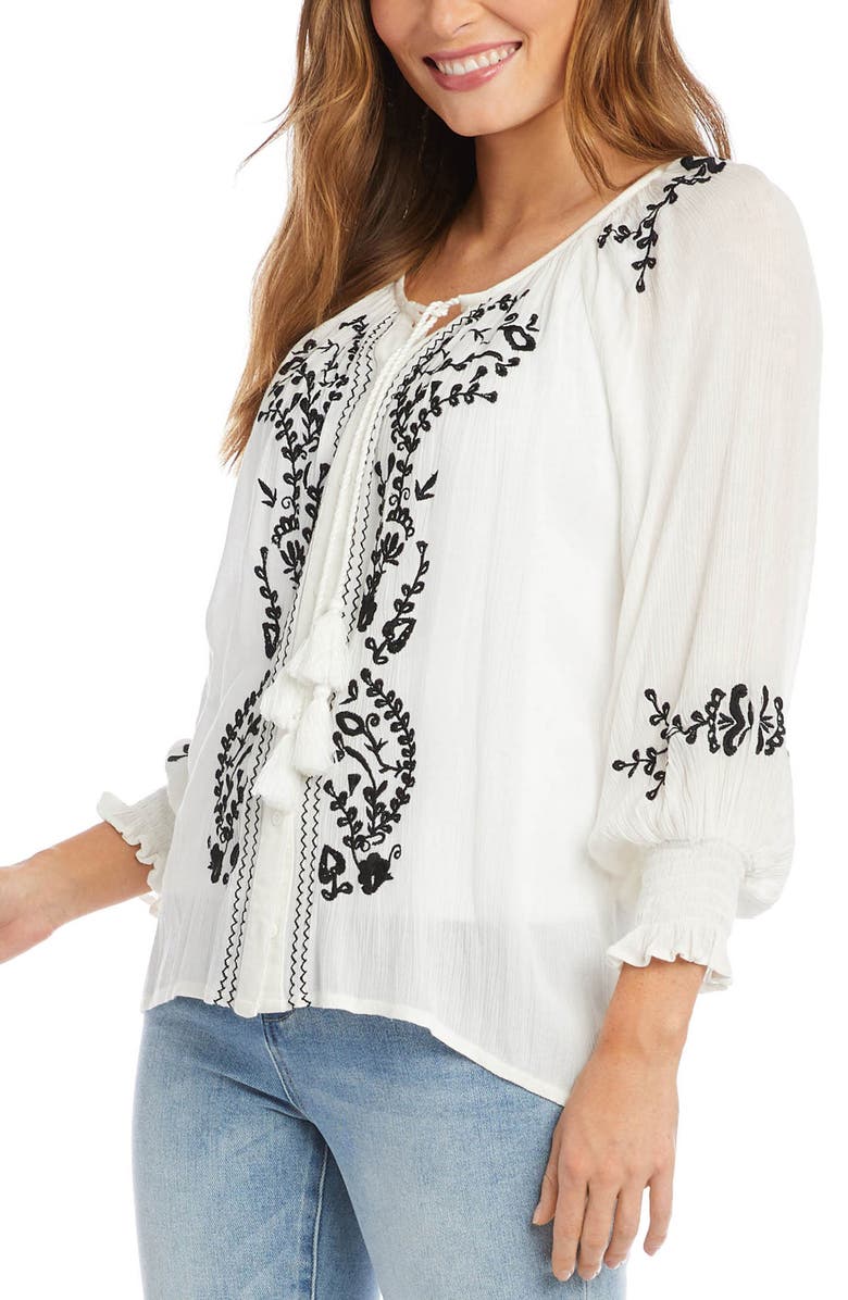 Karen Kane Embroidered Tie Neck Button-Up Peasant Top, Alternate, color, 