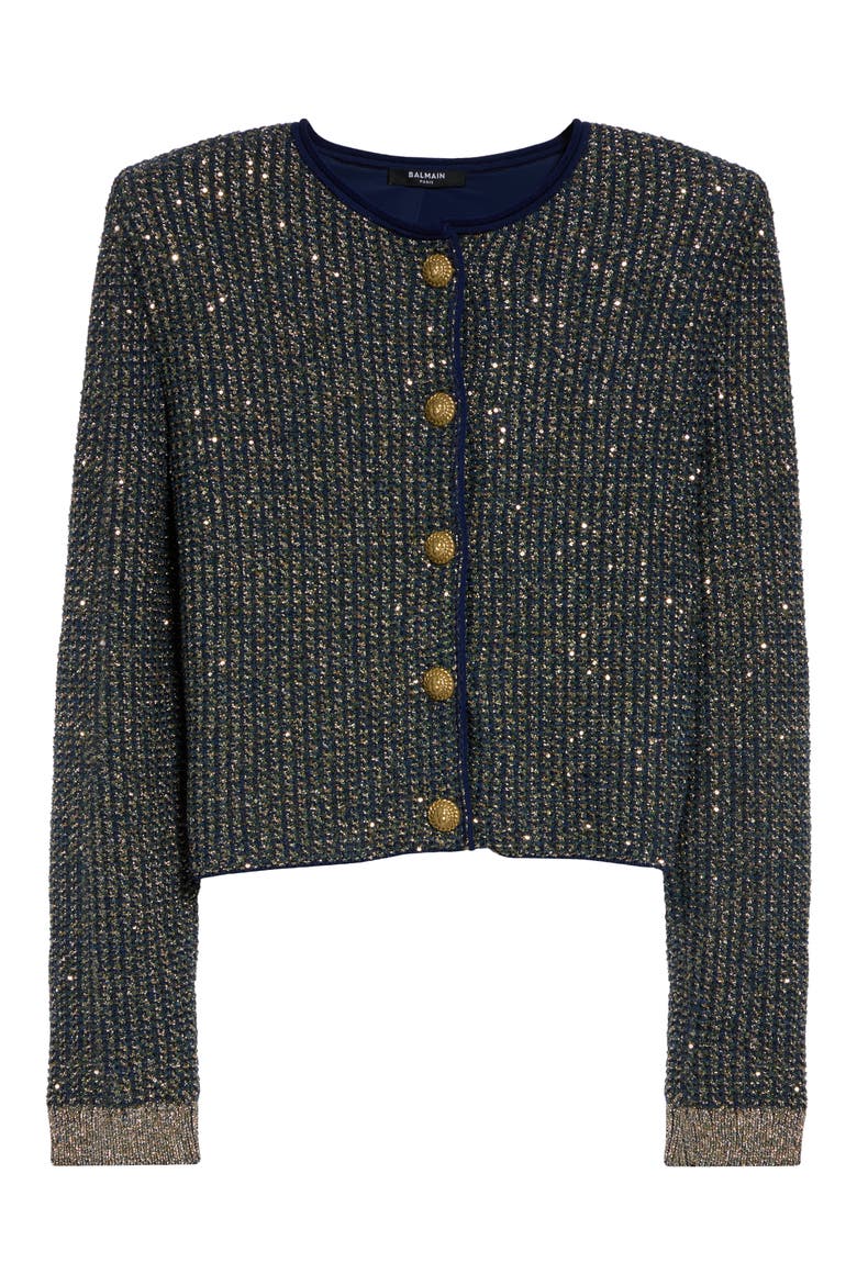Glitter Fringe Tweed Cardigan, Main, color, SQH NAVY/ MULTI