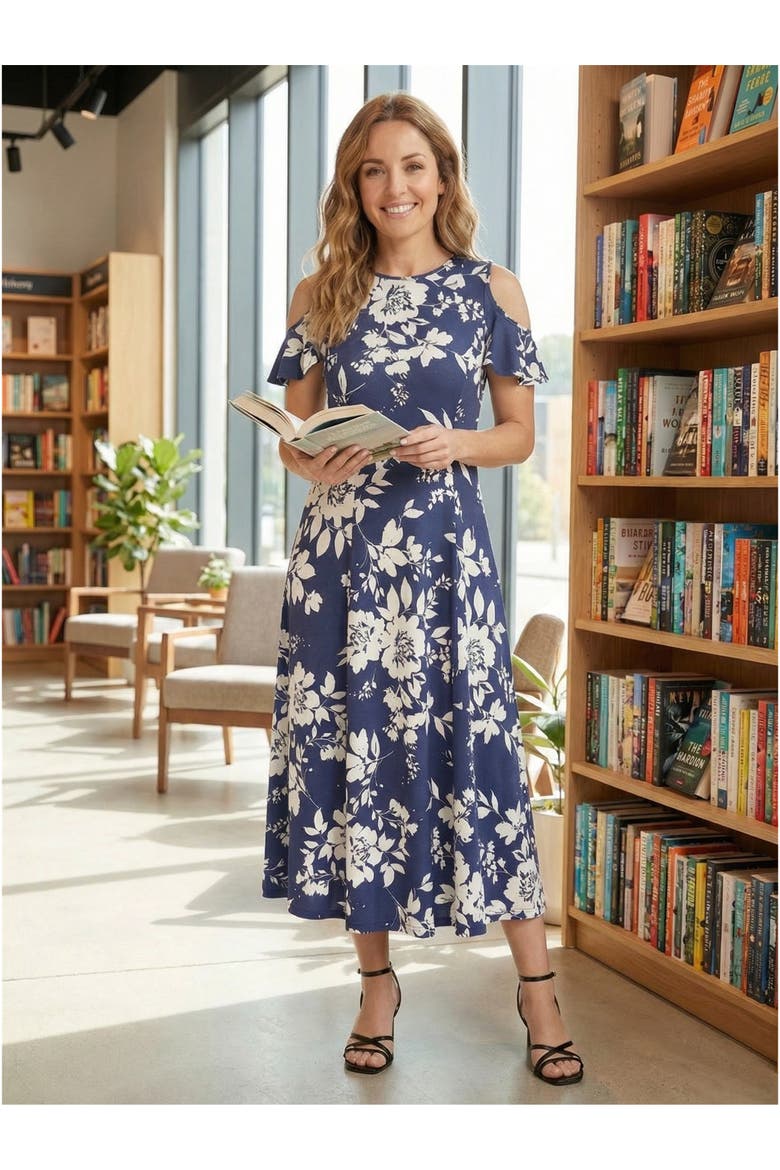 Essential Petite Floral Ruffle Sleeve Cold Shoulder A-Line Maxi Dress, Alternate, color, Navy Multi