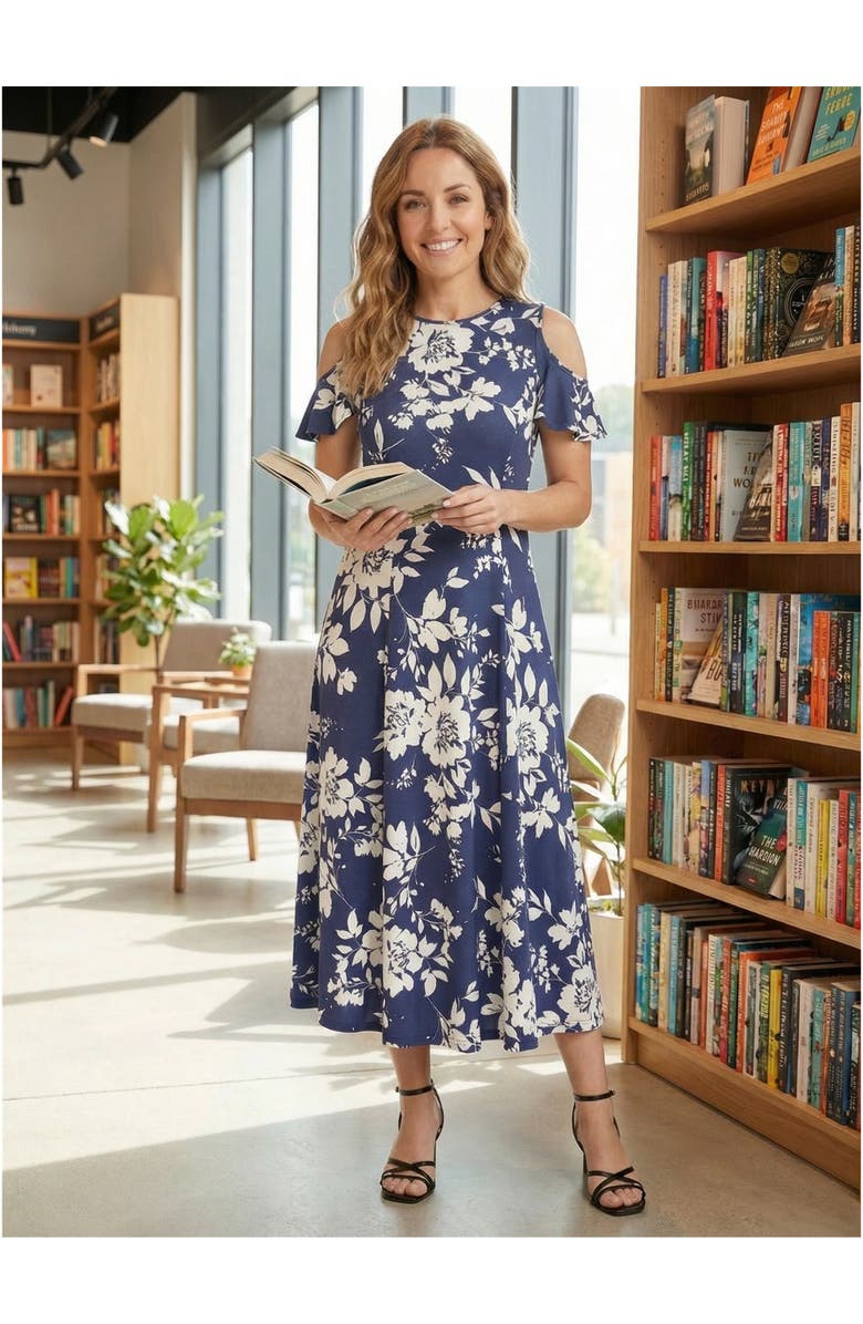 24seven Comfort Apparel Essential Petite Floral Ruffle Sleeve Cold Shoulder A-Line Maxi Dress, Alternate, color, Navy Multi