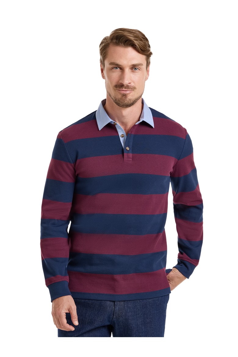 Long Sleeve Cotton/Polyester 3-Button Polo With Woven Collar, Alternate, color, Navy/Burgundy