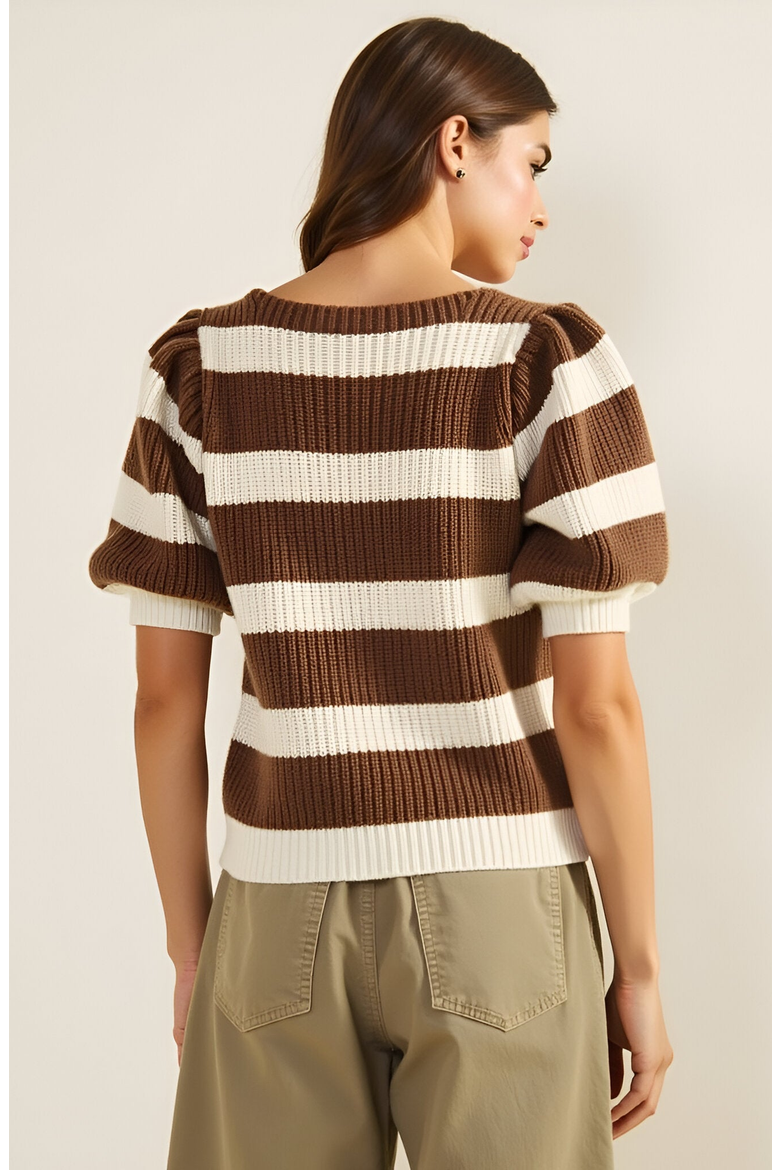 Striped Short Sleeve Sweater with Puff Shoulders and Square Neckline, Alternate, color, Brown / Off White Stripe