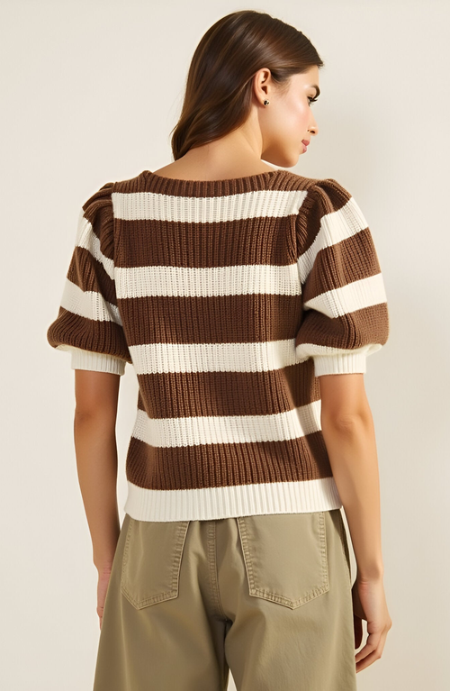 Modenaire Striped Short Sleeve Sweater With Puff Shoulders And Square Neckline In Brown