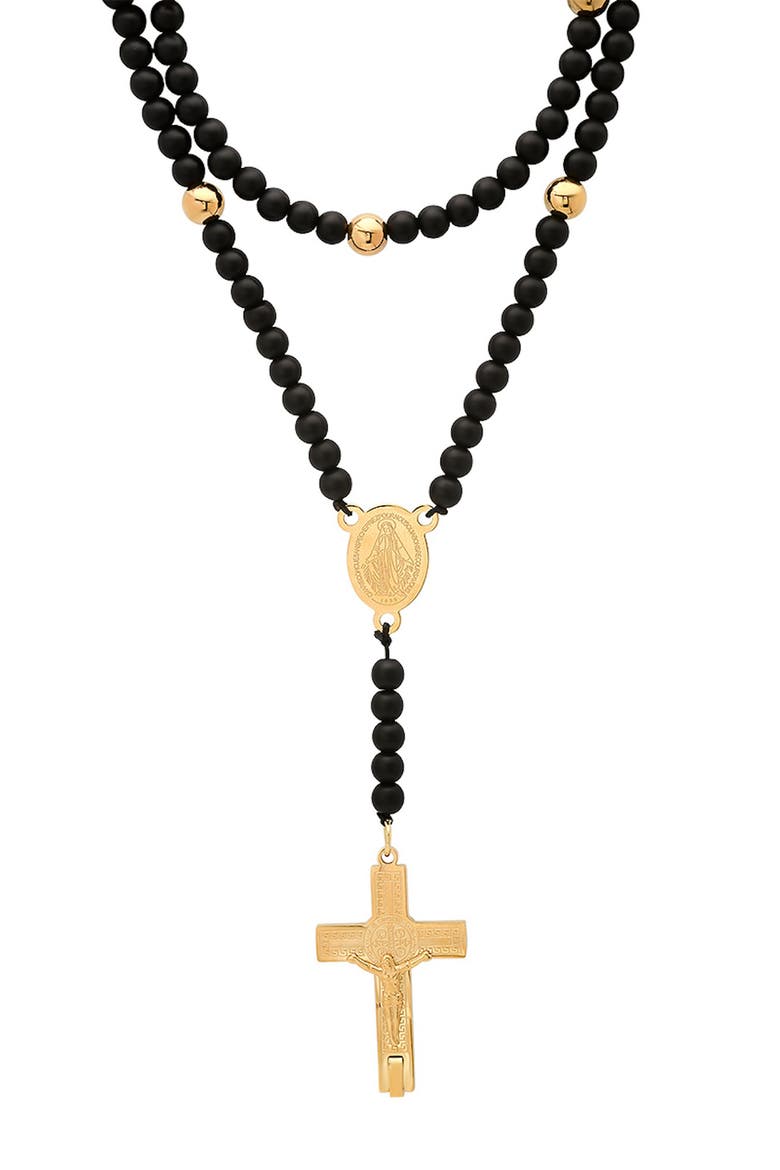 Men's Black Lava Beaded Rosary Necklace, Main, color, GOLD/ BLACK