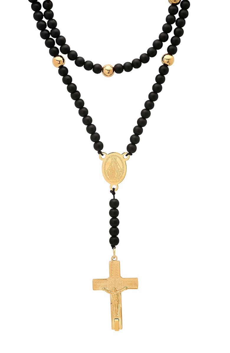 HMY JEWELRY Men's Black Lava Beaded Rosary Necklace, Main, color, 