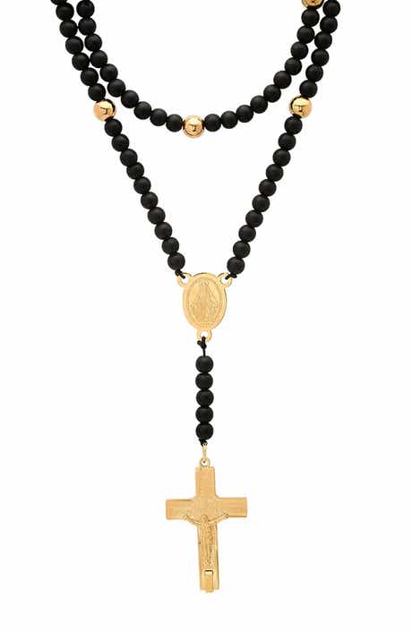 HMY JEWELRY Men's Black Lava Beaded Rosary Necklace