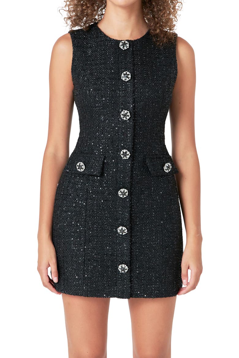Sequin Jewel Button Tweed Minidress, Alternate, color, BLACK