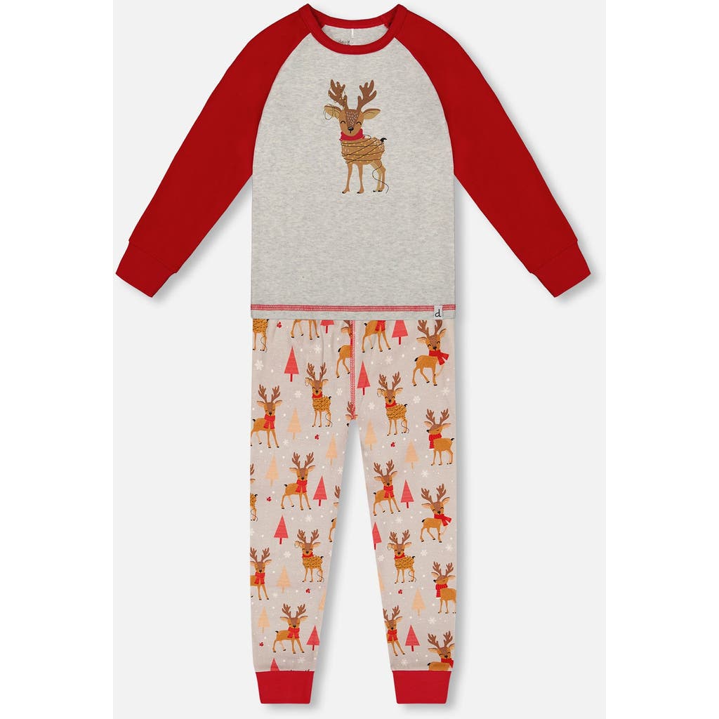 Deux Par Deux Two-piece Organic Cotton Pajama Set Reindeer In Red