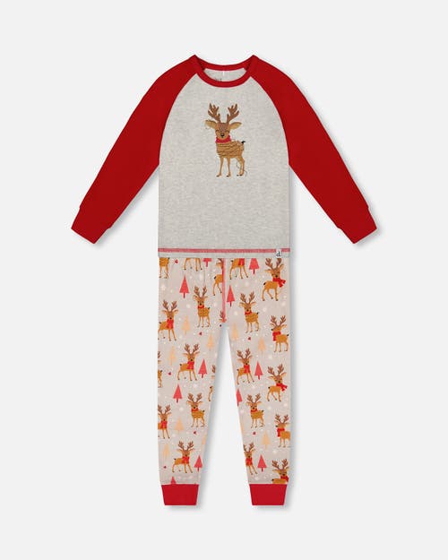 Deux Par Deux Two-piece Organic Cotton Pajama Set Reindeer In Sand