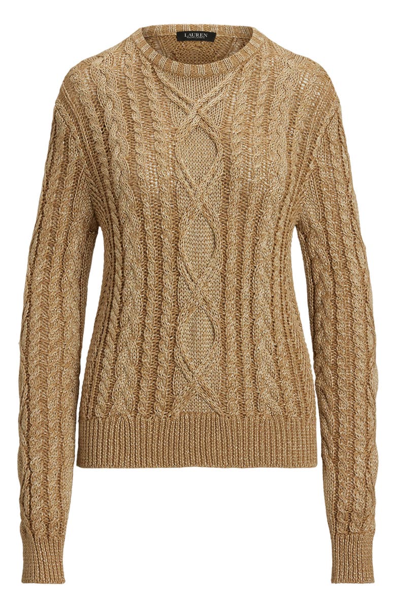 Lauren Ralph Lauren Metallic Cotton Blend Cable Stitch Crewneck Sweater, Alternate, color, 