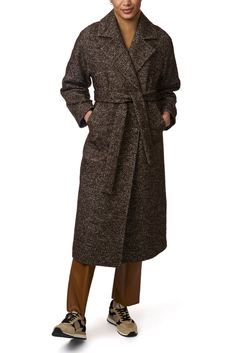 Textured Herringbone Longline Wrap Coat, Alternate, color, BROWN