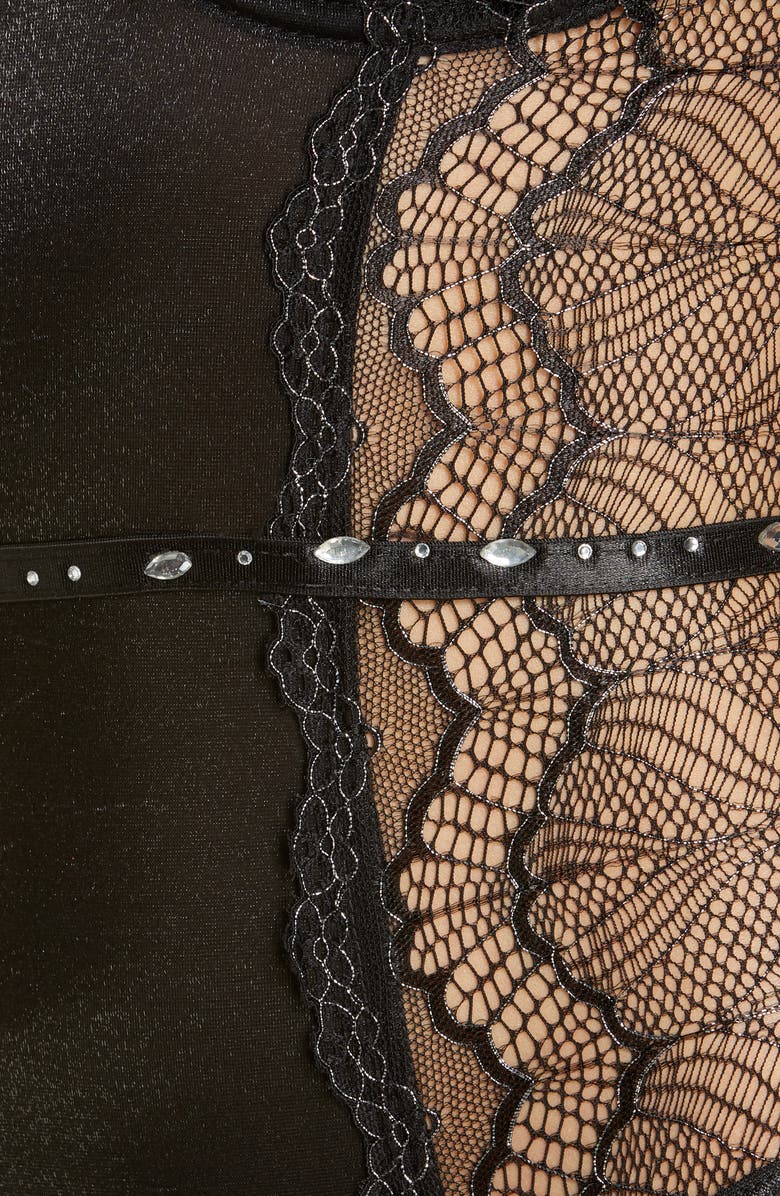 Coquette Embellished Undewire Lace Teddy, Alternate, color, Black