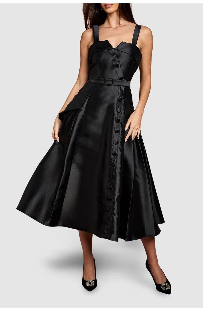 Coast Lisa Twill Volume Belted Midi Dress, Alternate, color, Black