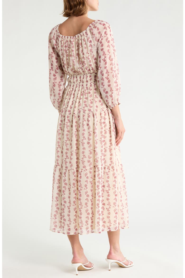 Romantic Floral Puff Sleeve Midi Dress, Alternate, color, IVORY- BURGUNDY GEOMETRIC