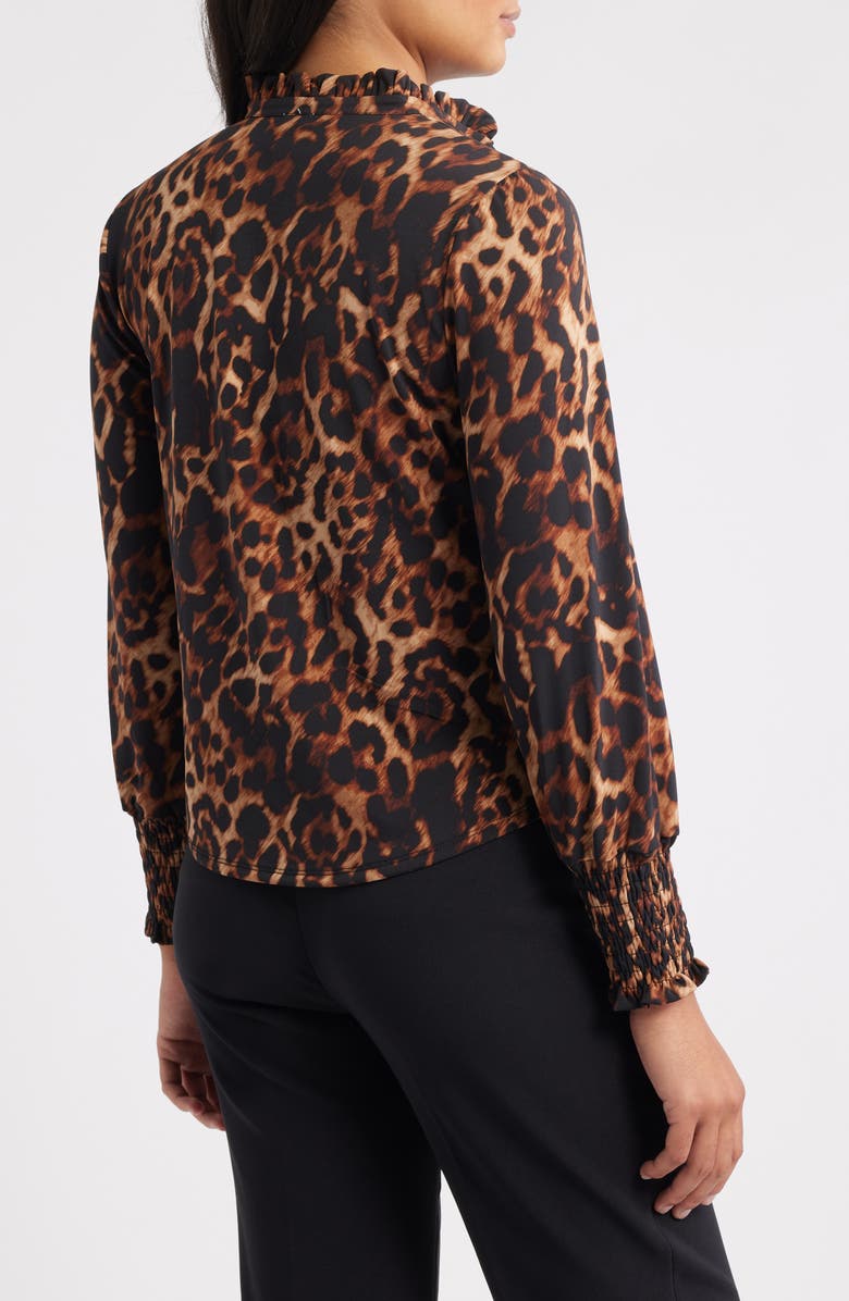 Anne Klein Leopard Print Split Neck Smocked Cuff Top, Alternate, color, 