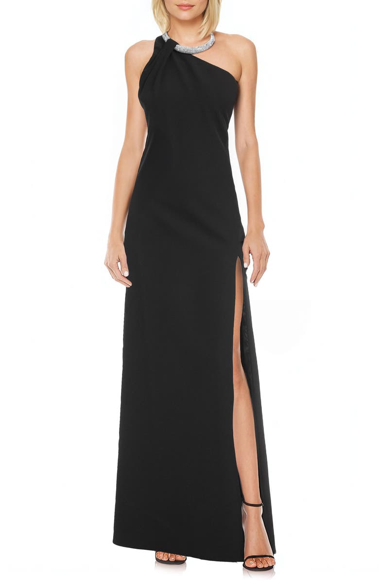 Jewel Badgley Mischka Rhinestone Choker Detail One-Shoulder Gown, Main, color, 