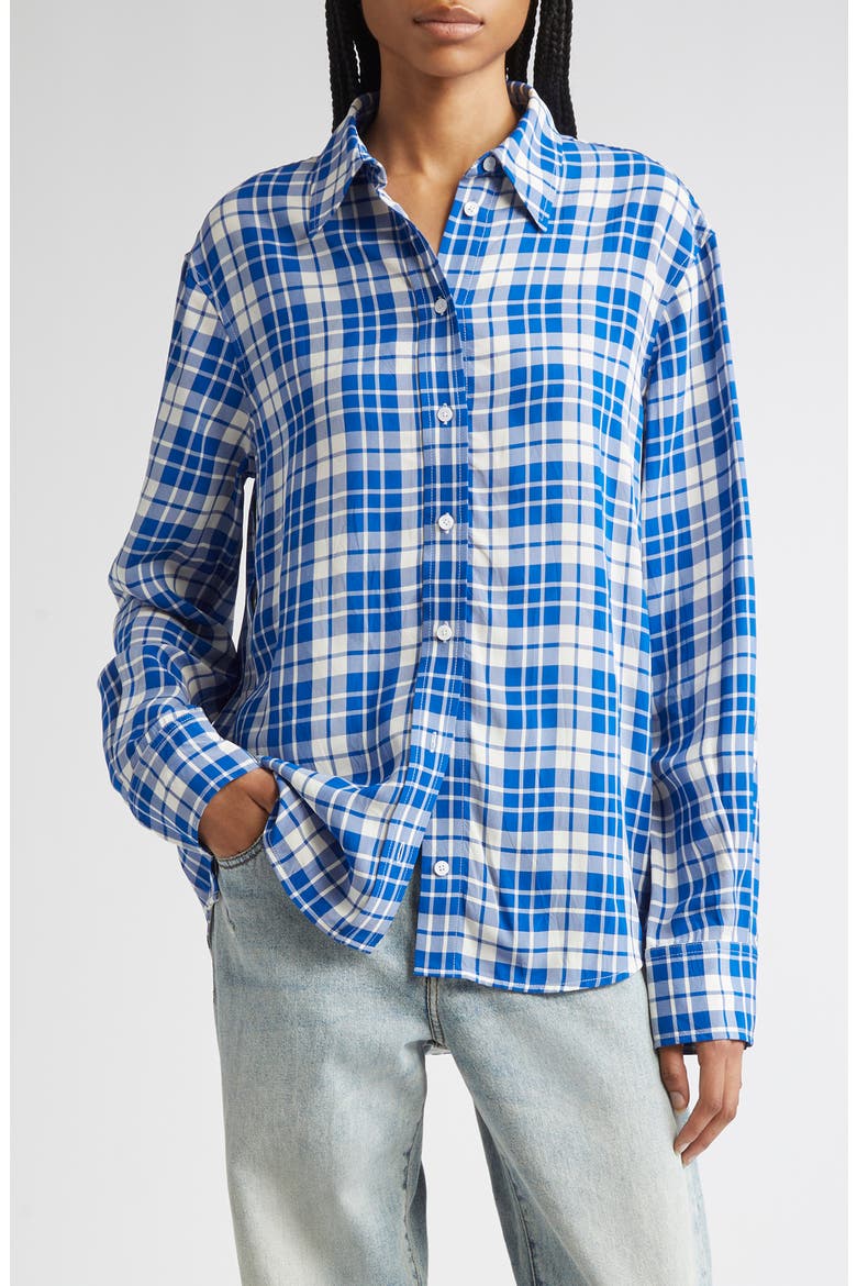 Bronwen Plaid Hammered Viscose Button-Up Shirt, Main, color, COBALT MULTI