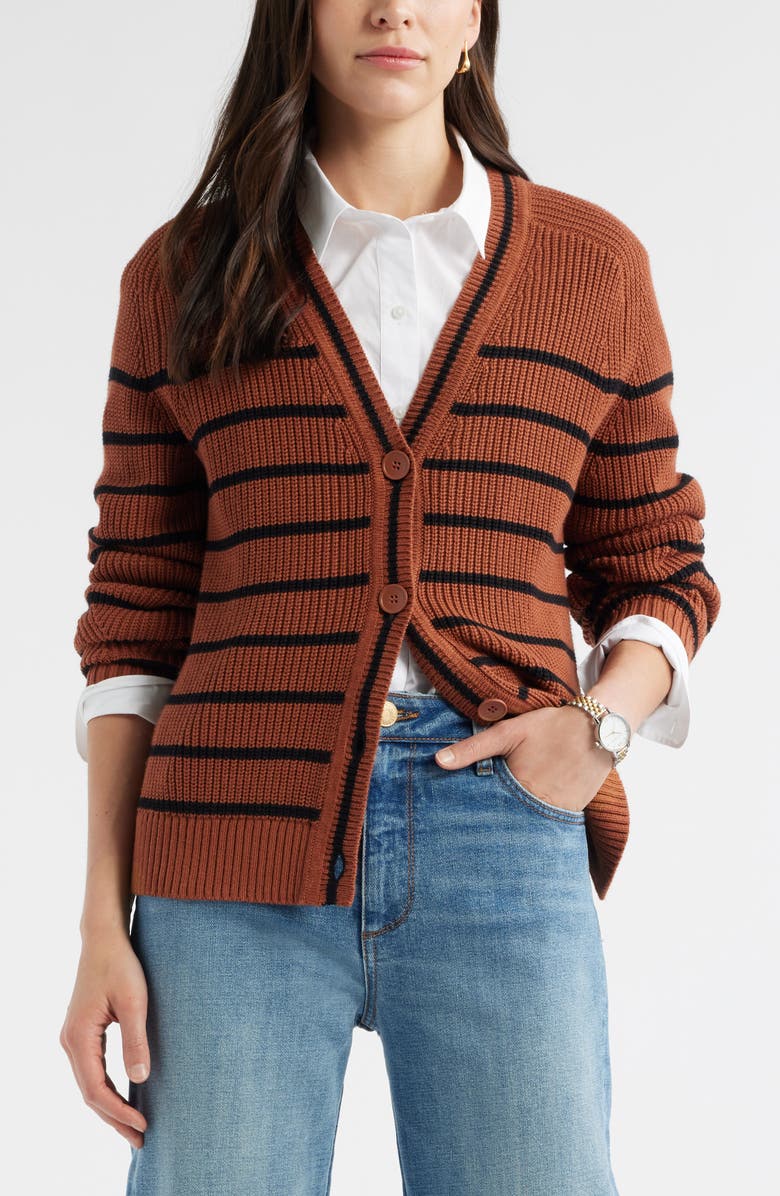Caslon<sup>®</sup> Shaker Stitch Short Cardigan, Alternate, color, Rust Sequoia- Black Fae Stripe