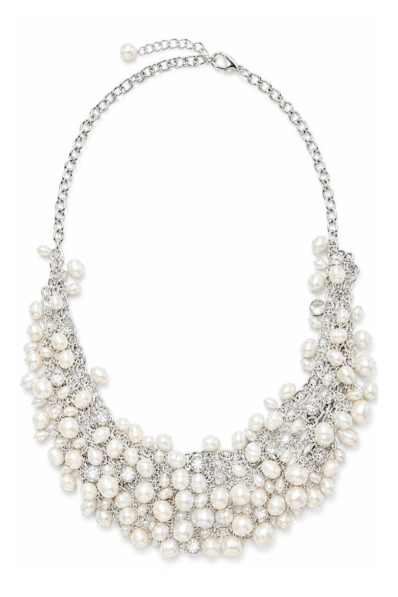 Freshwater Pearl & Crystal Cluster Statement Necklace, Main, color, SILVER