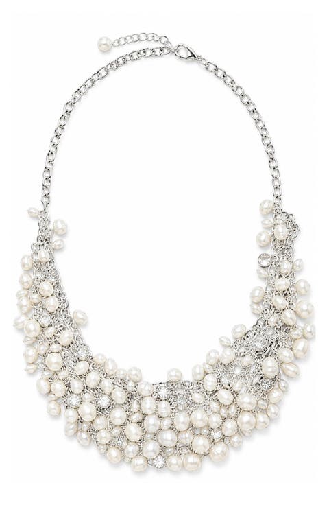 Freshwater Pearl & Crystal Cluster Statement Necklace